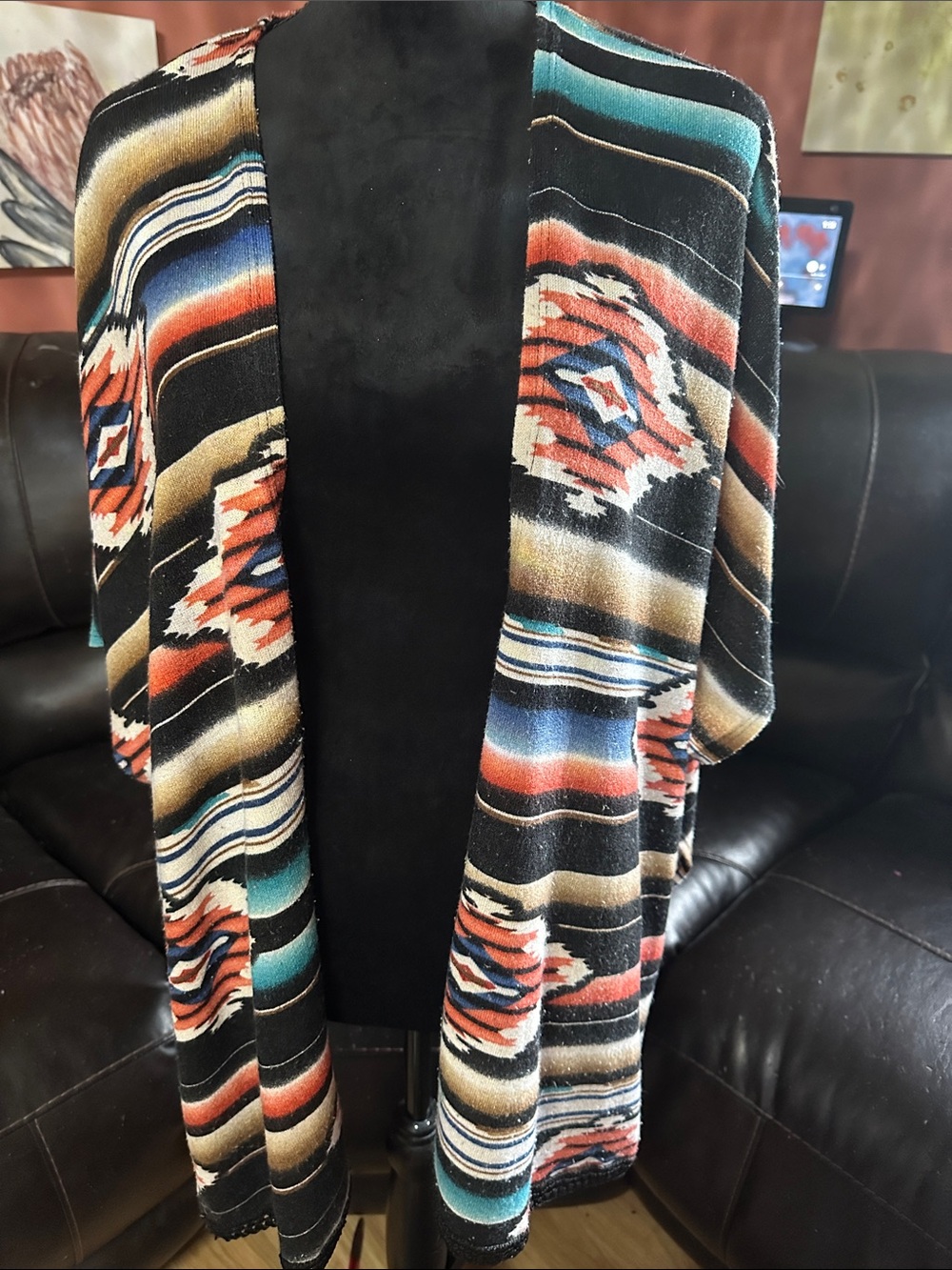 Women's Open Front Aztec Print Cardigan - Black & Multi